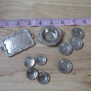 10 piece Metal (?) Miniature Doll Plates & Serving Trays
